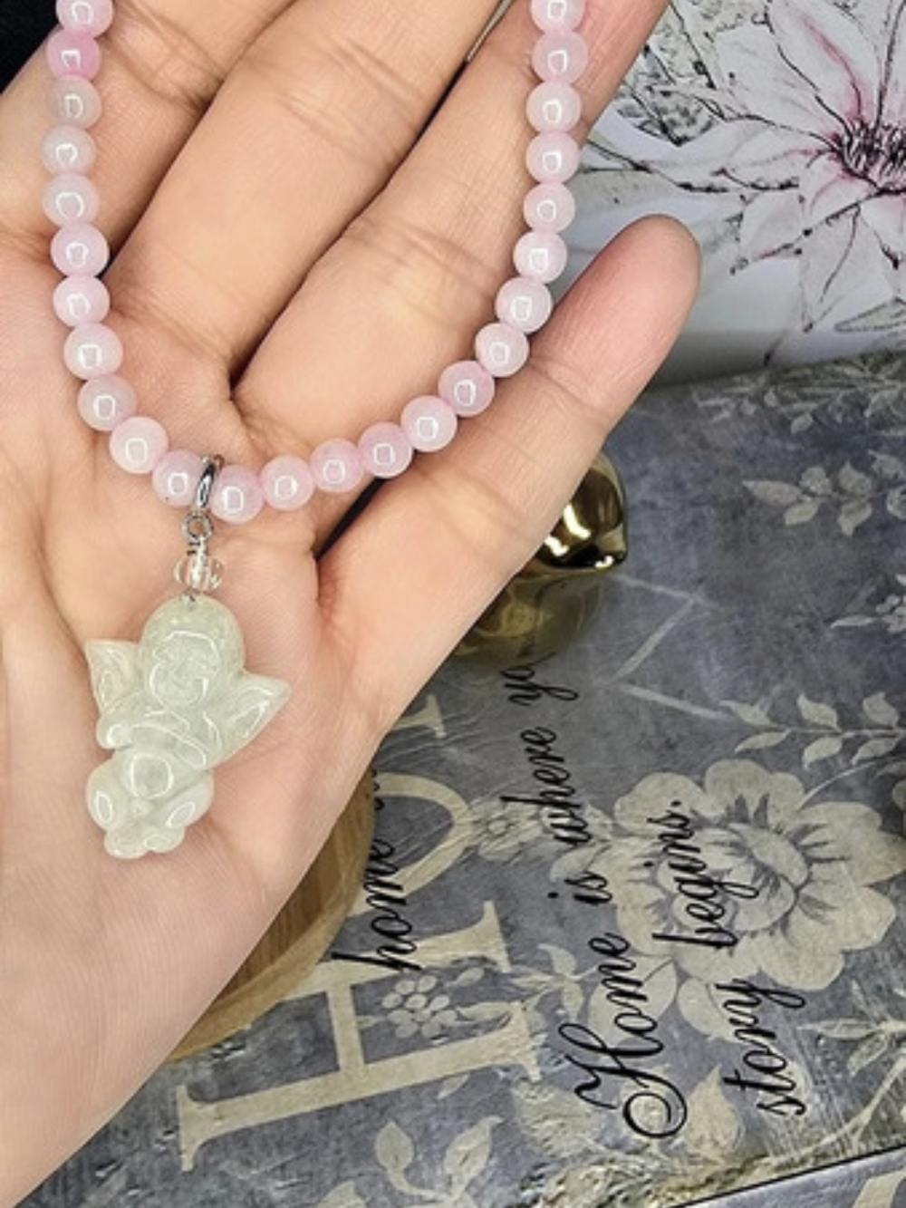 Natural Lavender Pink Jade  Beaded Bracelet With Apple Green Cherubim Charm